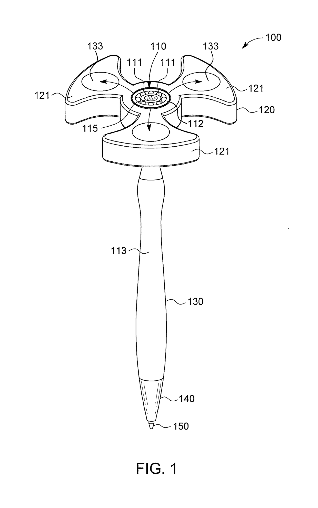 Writing implement with bearing coupled rotary device