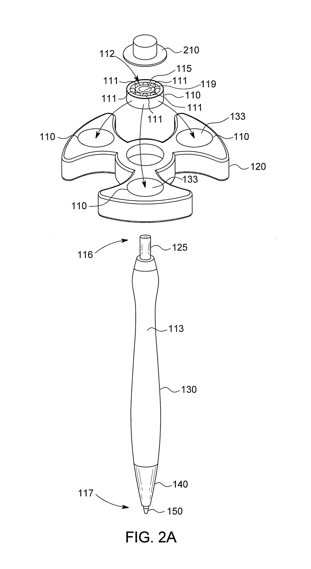 Writing implement with bearing coupled rotary device