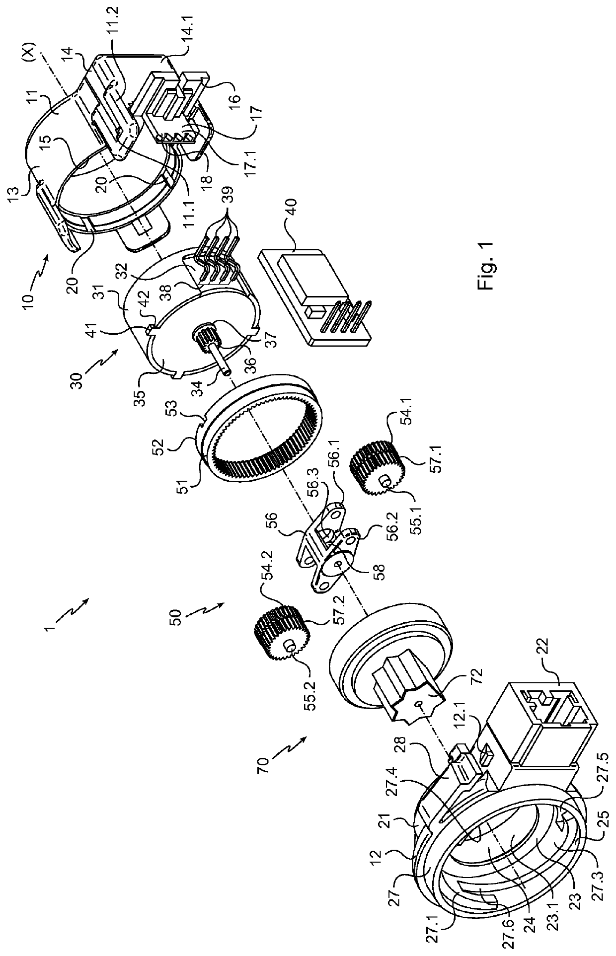 Actuator having reduced dimensions and integrated locking of the motor with respect to the housing