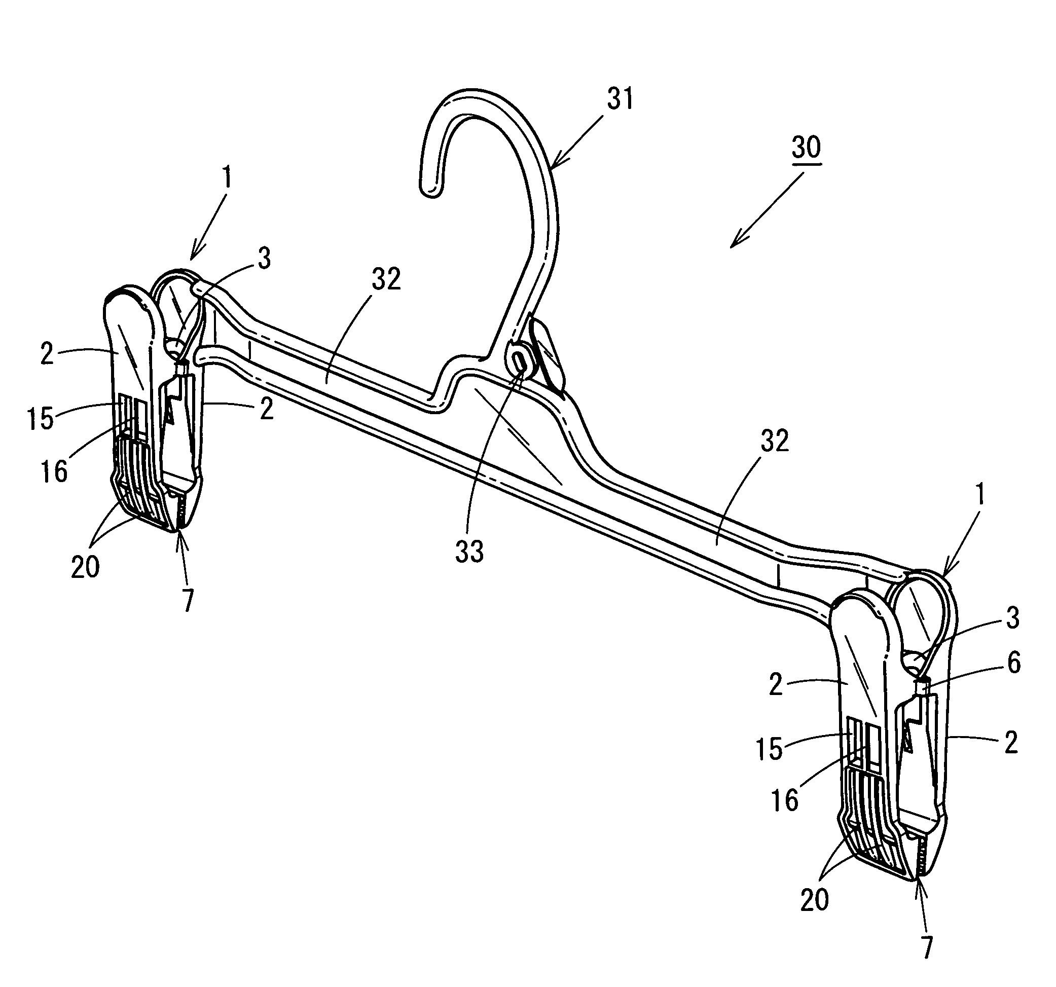 Synthetic resin clip and hanger with synthetic resin clips