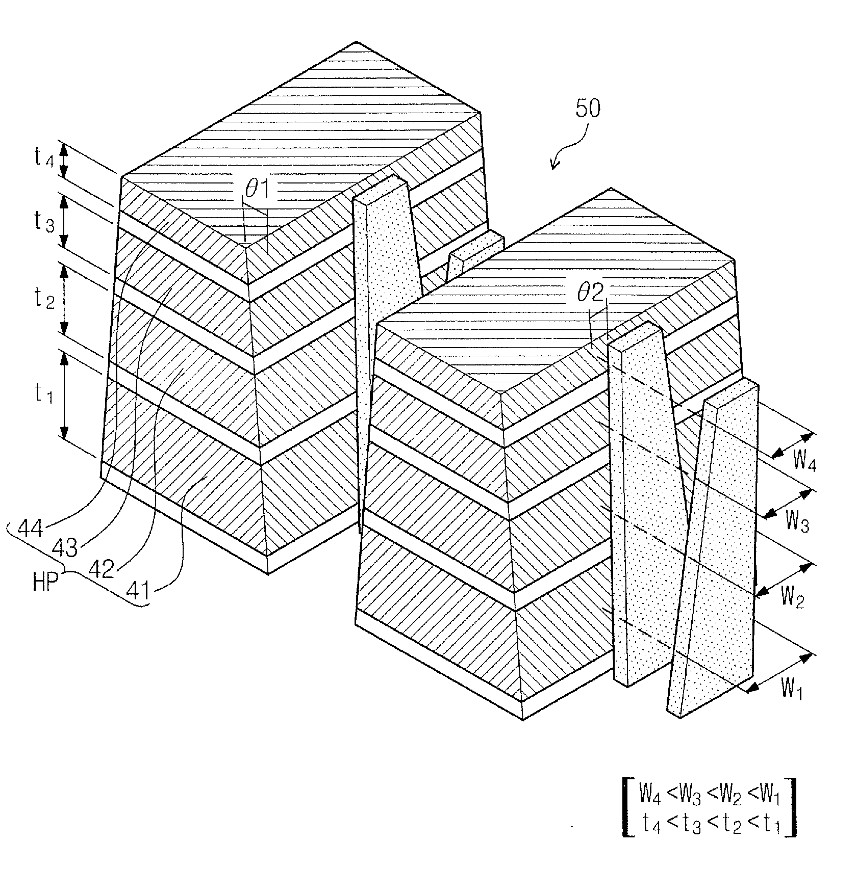 Three-dimensional microelectronic devices including repeating layer patterns of different thicknesses