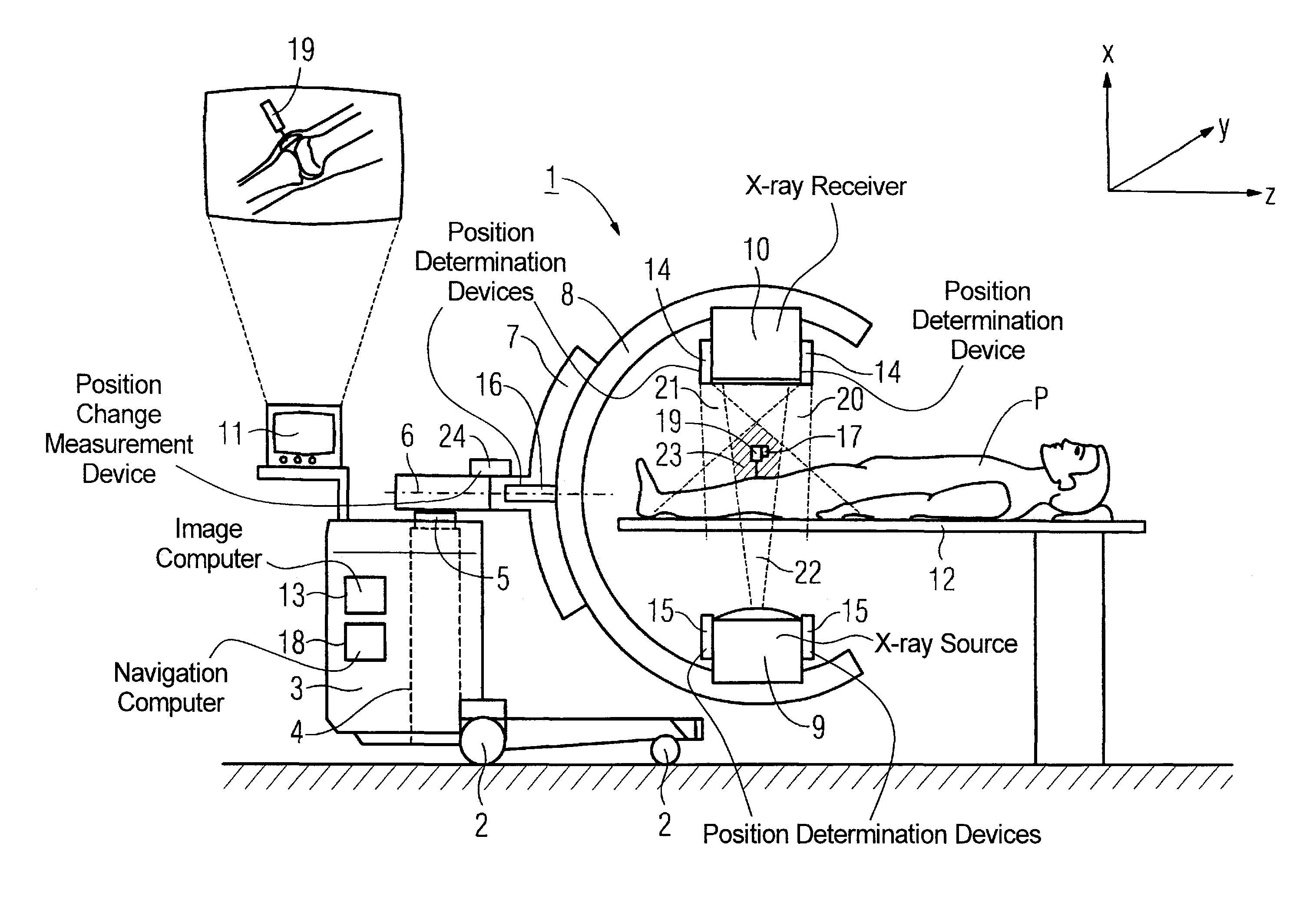 Medical apparatus with image acquisition device and position determination device combined in the medical apparatus