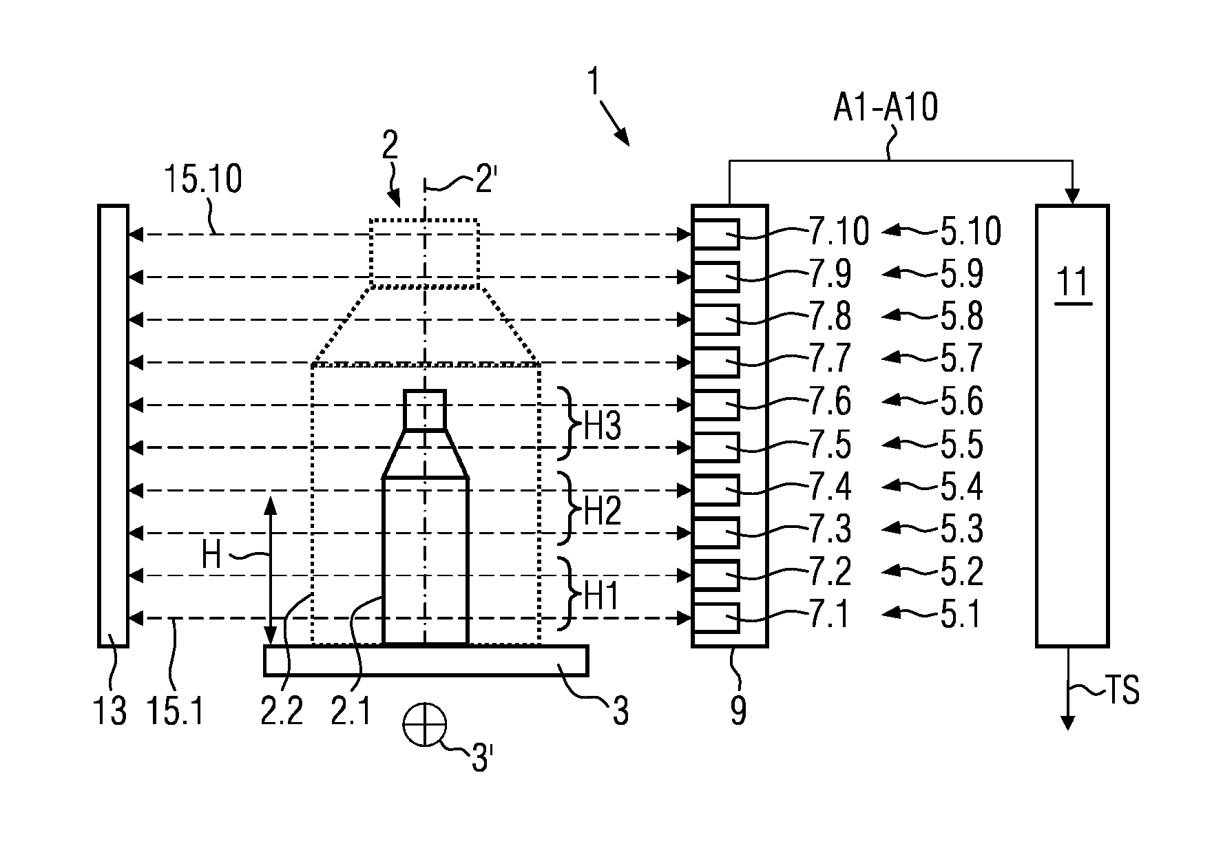 Triggering light grid and method for determining the position of containers