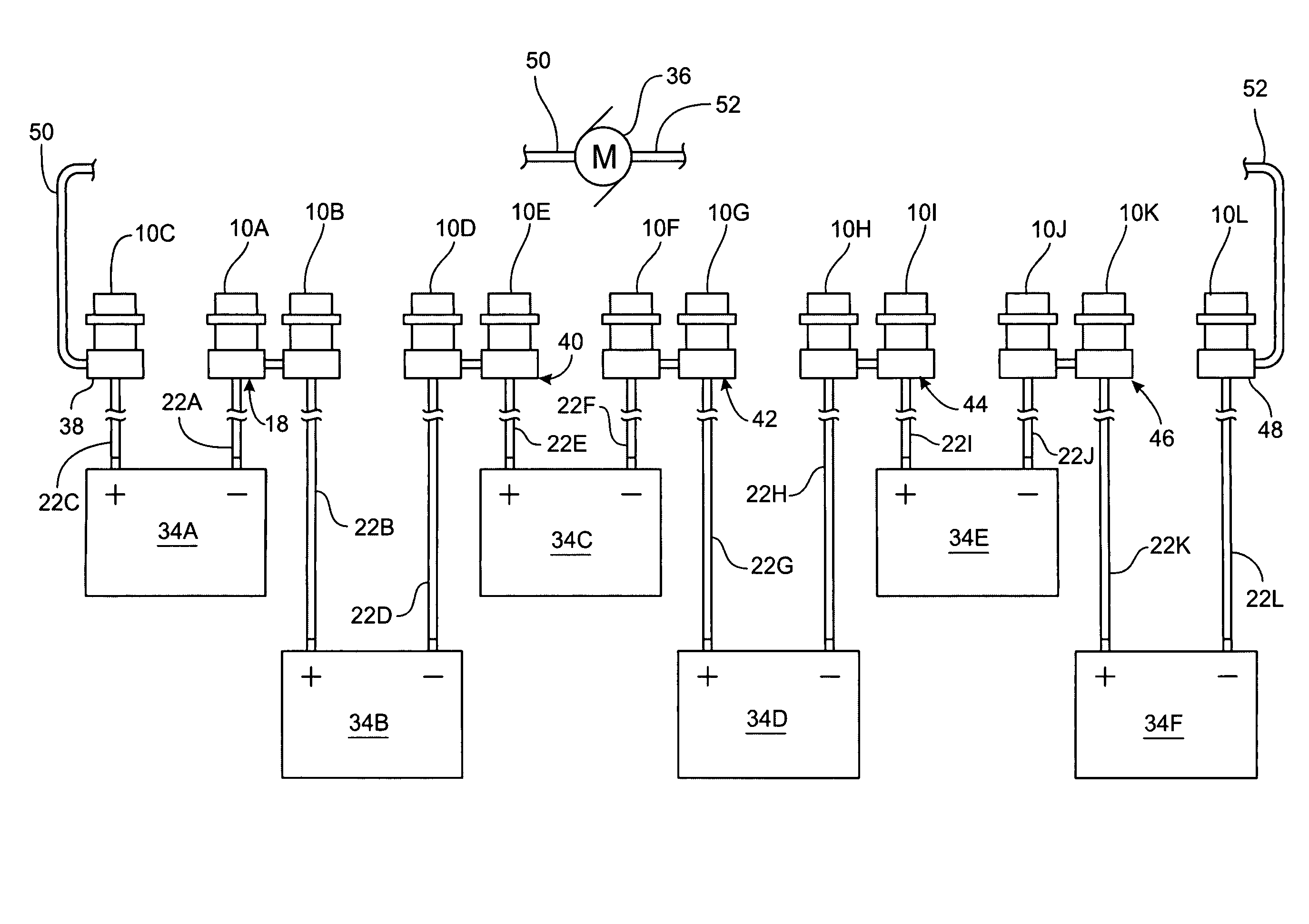 Charging contact array for enabling parallel charging and series discharging of batteries