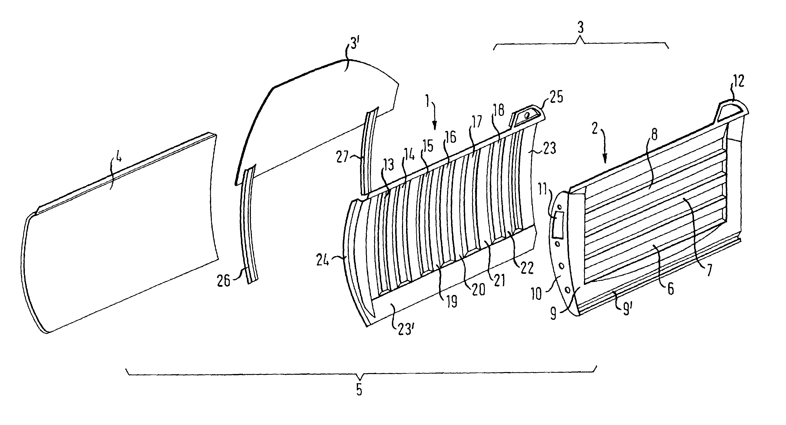 Curved vehicle door having a function carrier providing side impact protection