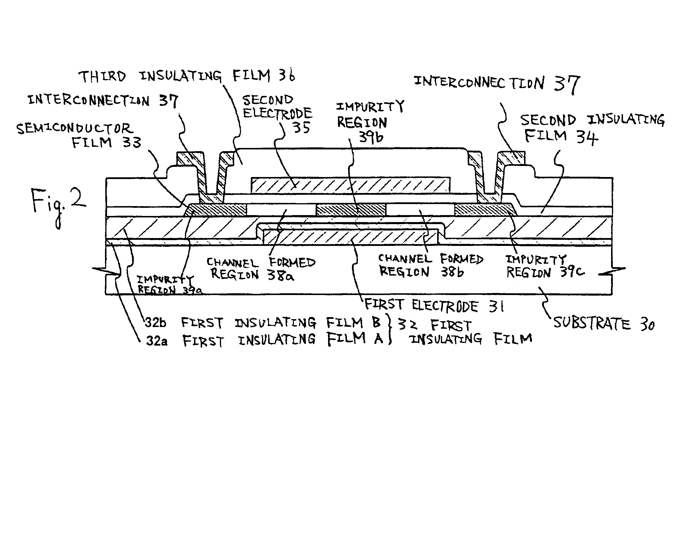 Thin film transistor with plural channels and corresponding plural overlapping electrodes