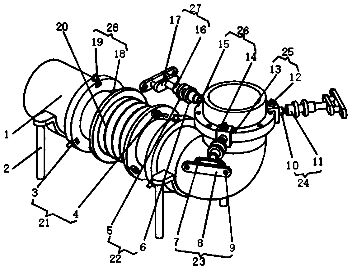 Independent compact type expansion joint with inlet and outlet perpendicular to each other