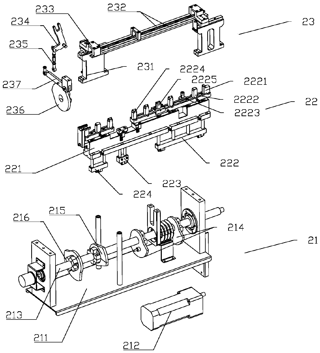 Conveying and material passing device of cylindrical capacitor electrode holder welding machine and method