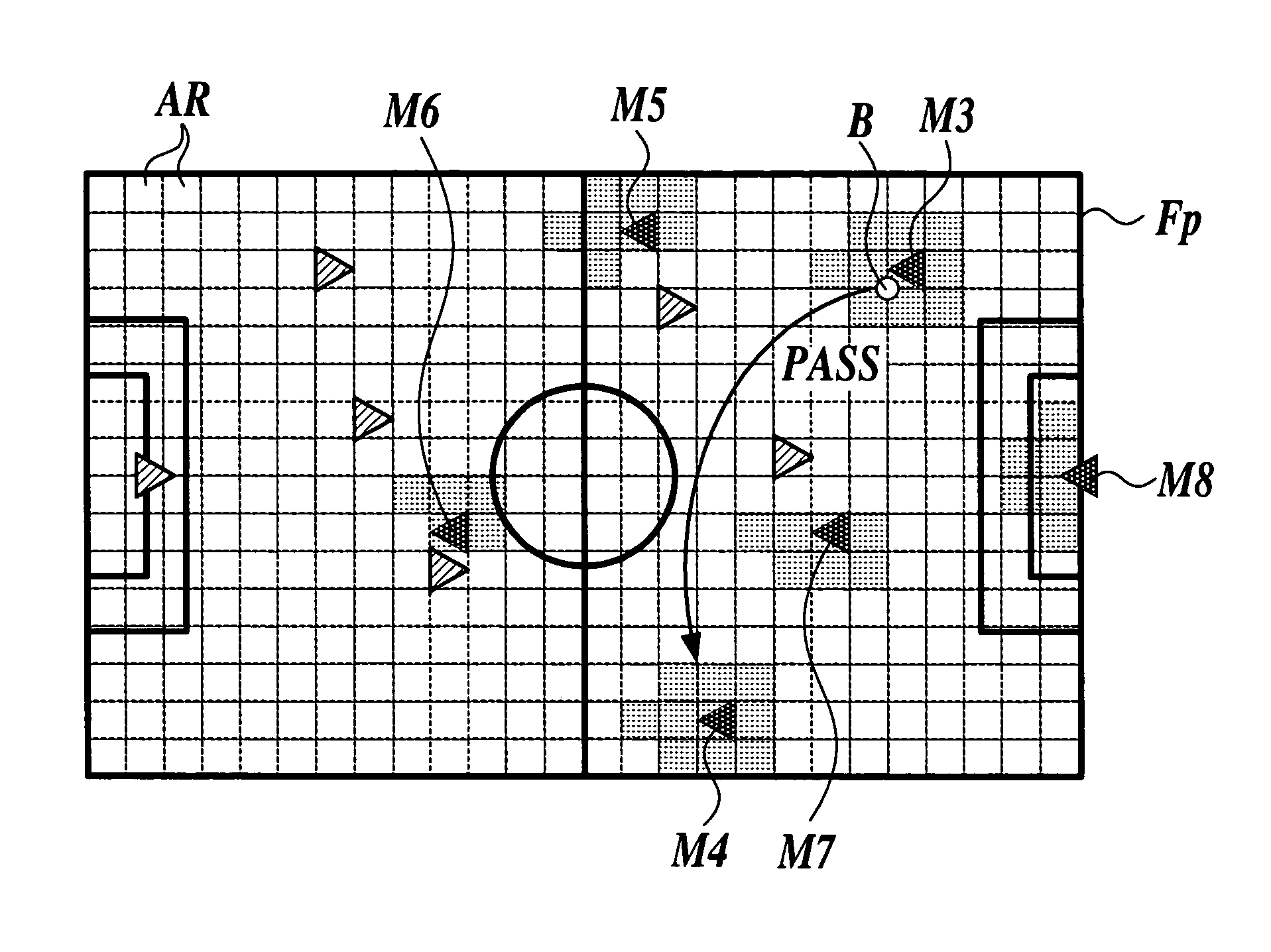 Soccer game method for use in game apparatus, involves recognizing areas pertaining to power of character group, based on calculated arrival times of characters up to sample points