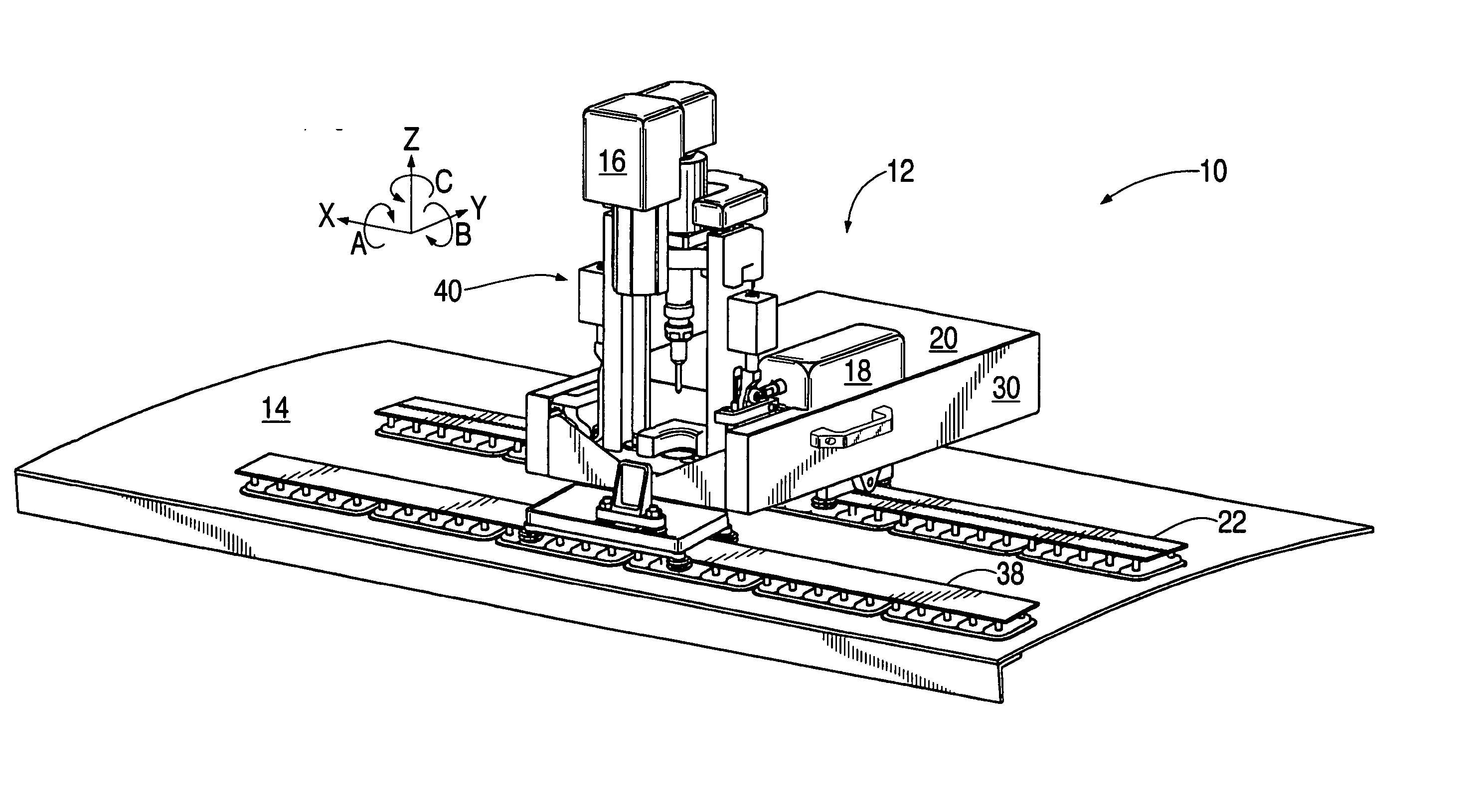 Flexible rail multiaxis machine tool and method