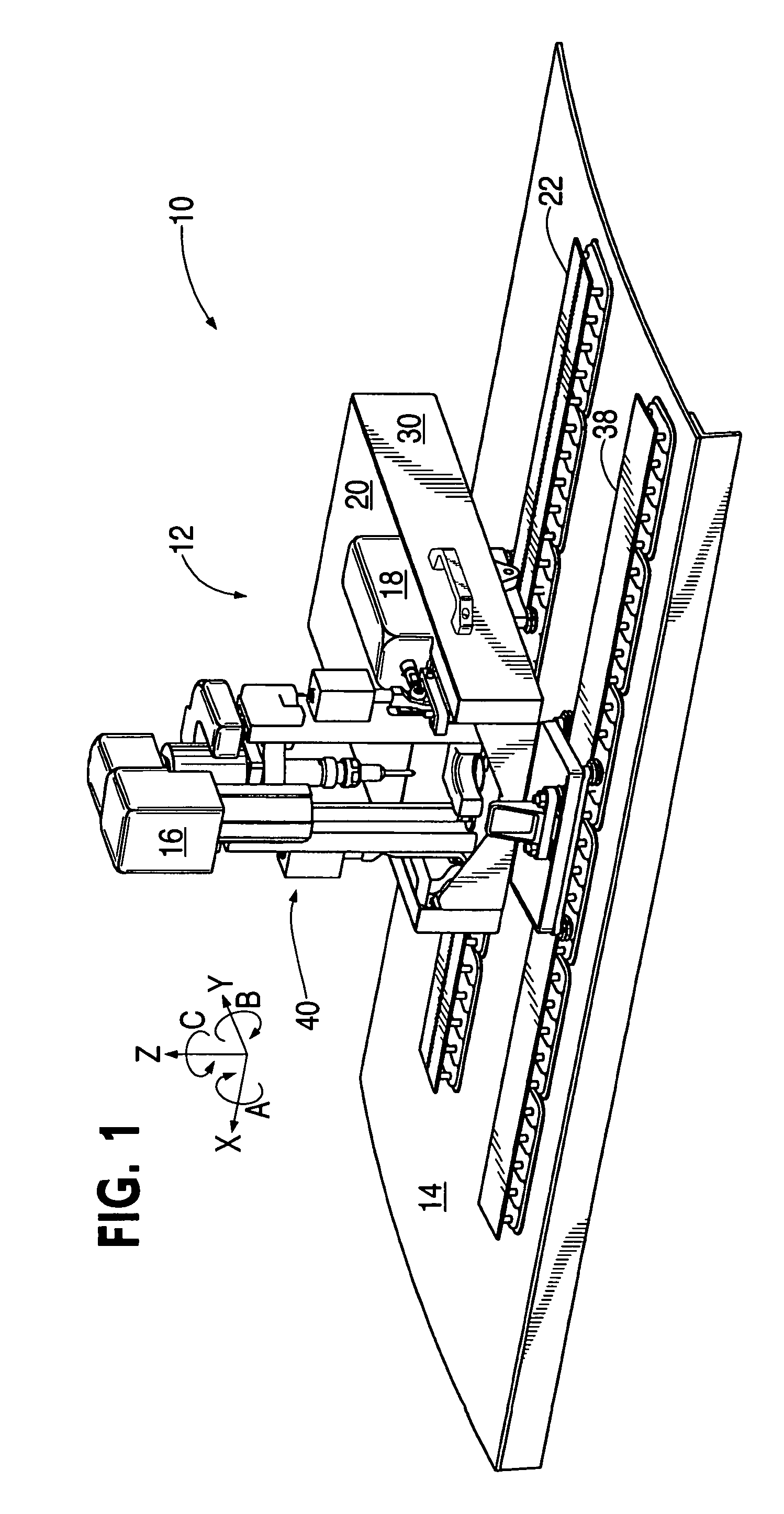 Flexible rail multiaxis machine tool and method