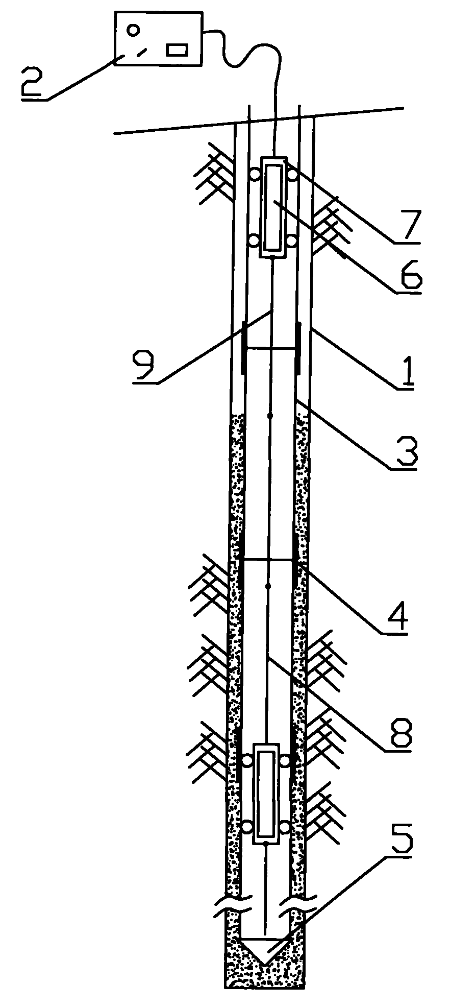 Continuous monitoring system of overburden rock displacement in ore bed mining process and structuring method thereof