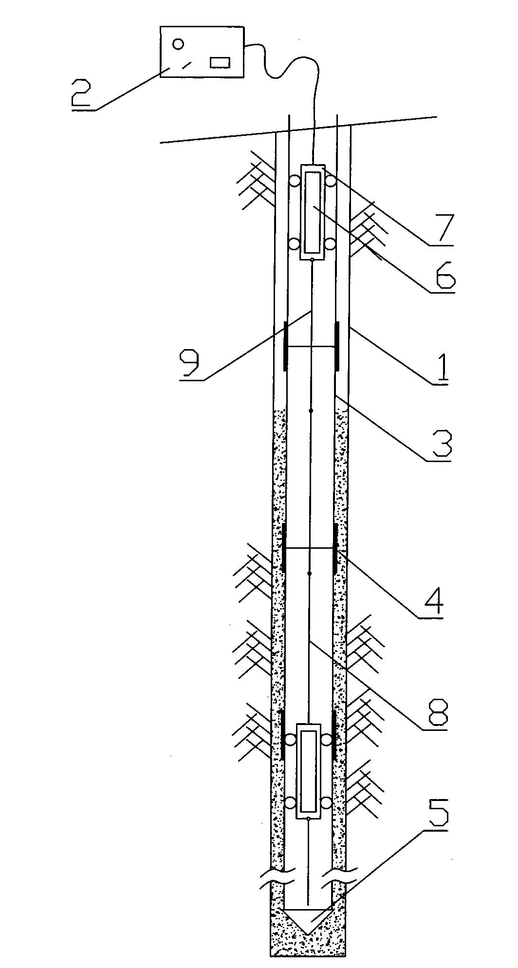 Continuous monitoring system of overburden rock displacement in ore bed mining process and structuring method thereof