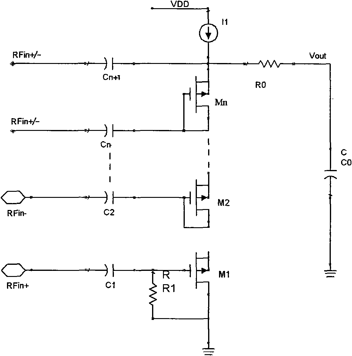 CMOS difference radio-frequency signal amplitude detection circuit