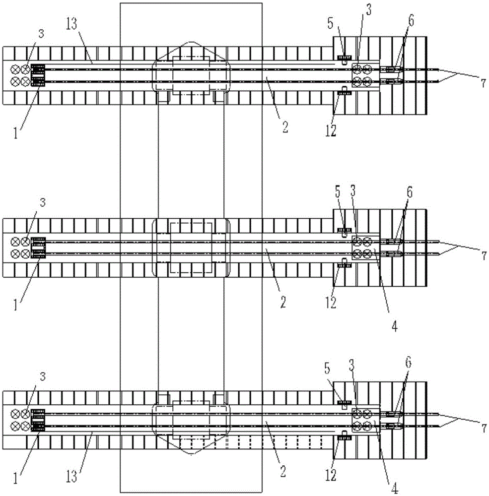 Overweight combined highway and railway bridge rigid suspending cable stiffened continuous steel trussed beam pushing device with stiffening string