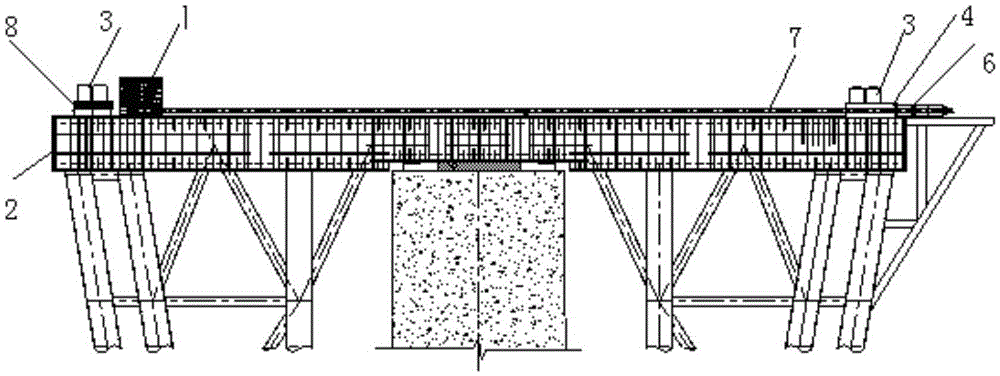 Overweight combined highway and railway bridge rigid suspending cable stiffened continuous steel trussed beam pushing device with stiffening string