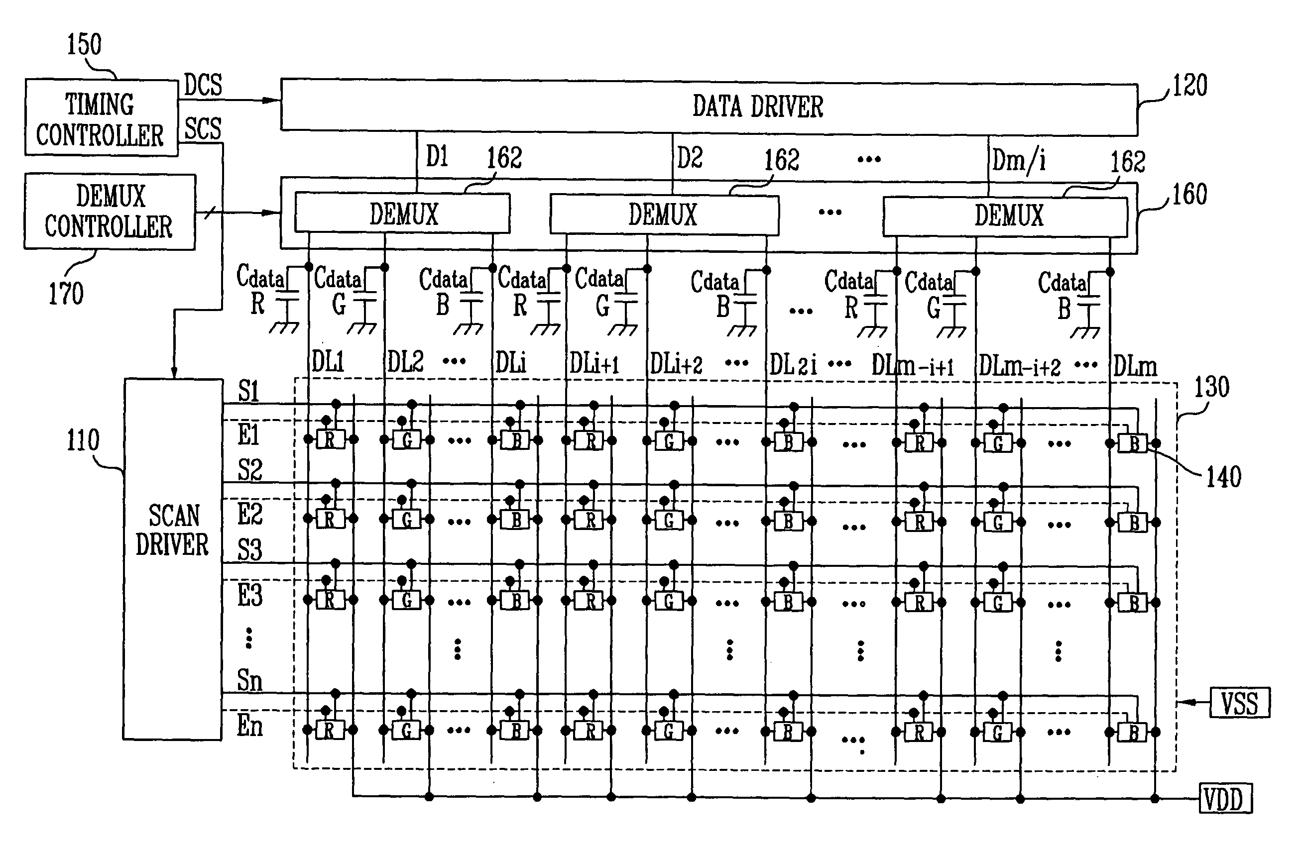 Organic light emitting display having demultiplexers and parasitic capacitances