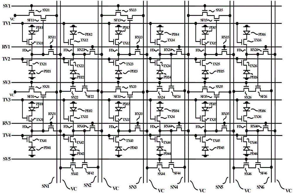 CMOS image sensor columns share 2×2 pixel cells and pixel arrays