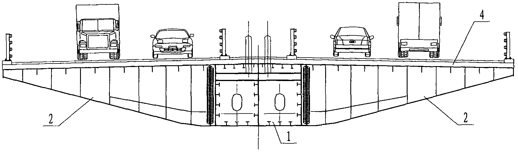 Main girder of steel box composite girder with long cantilever arms for single-plane cable stayed bridge