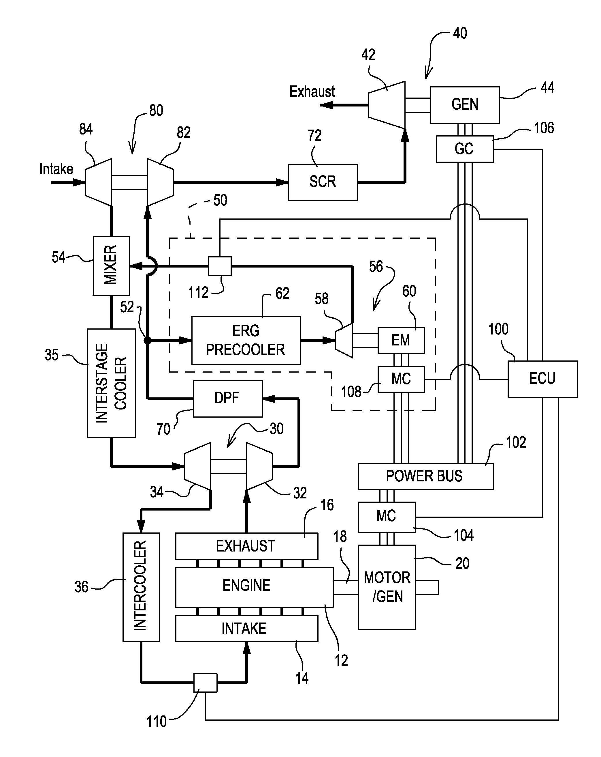 Interstage exhaust gas recirculation system for a dual turbocharged engine having a turbogenerator system