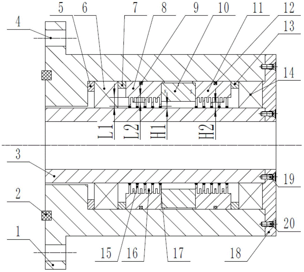 Magnetic liquid sealing device with pole shoes being provided with high teeth and low teeth