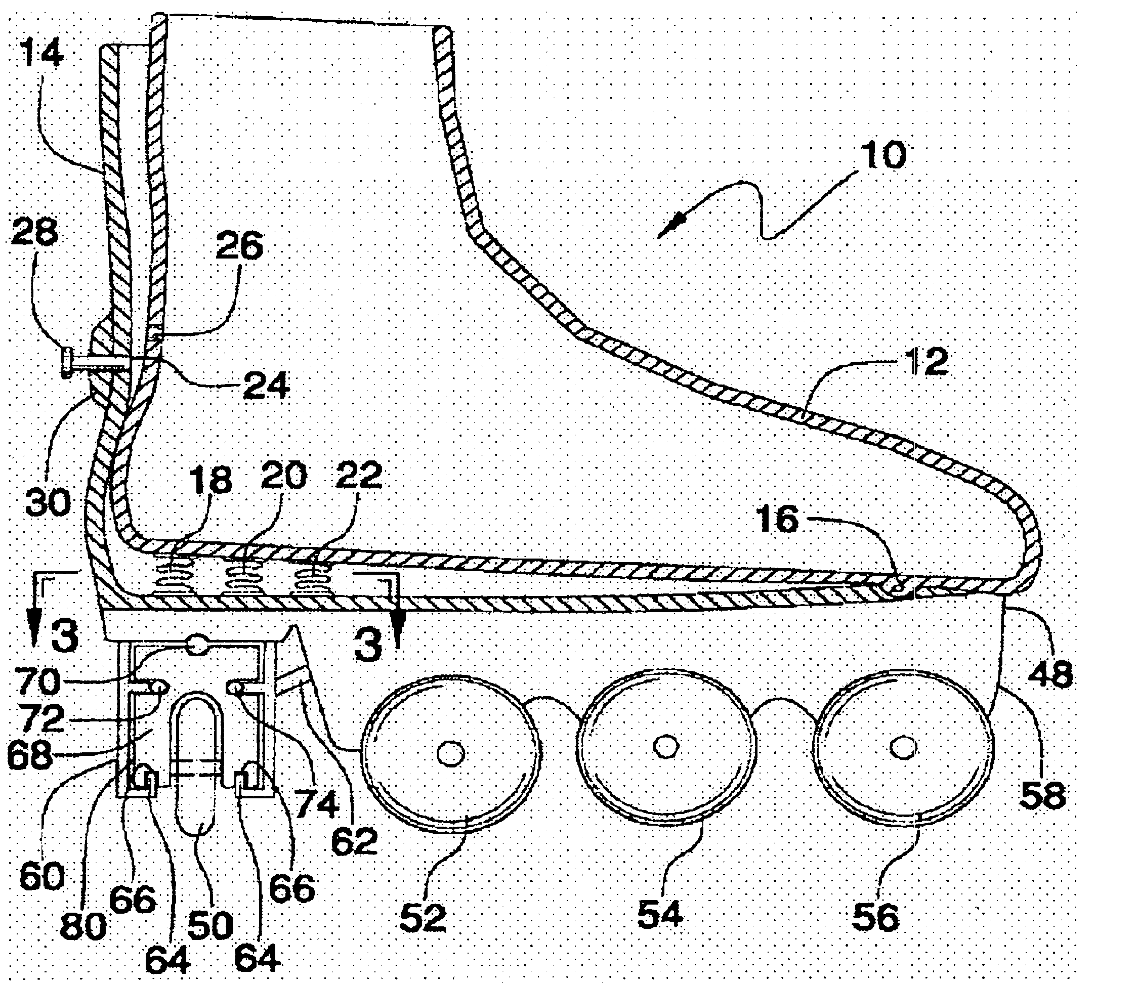 In-line pivoting wheel roller skates with shock absorbers