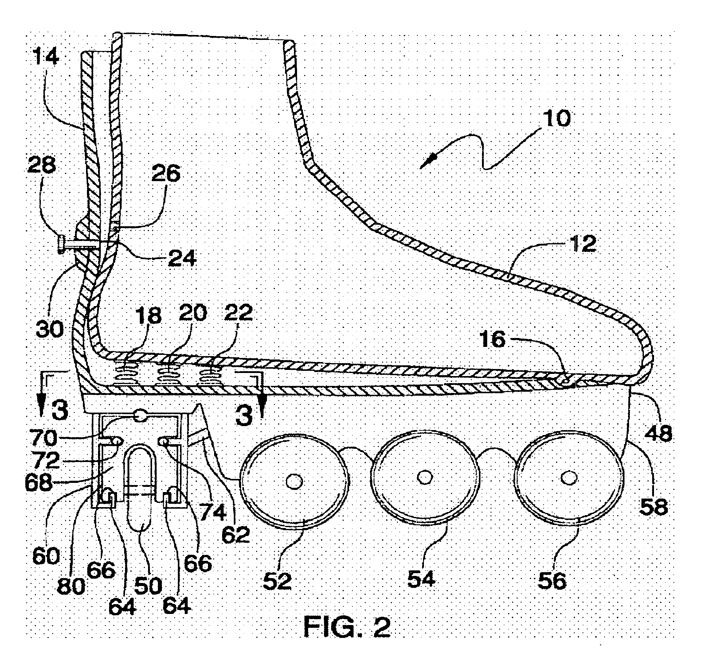 In-line pivoting wheel roller skates with shock absorbers