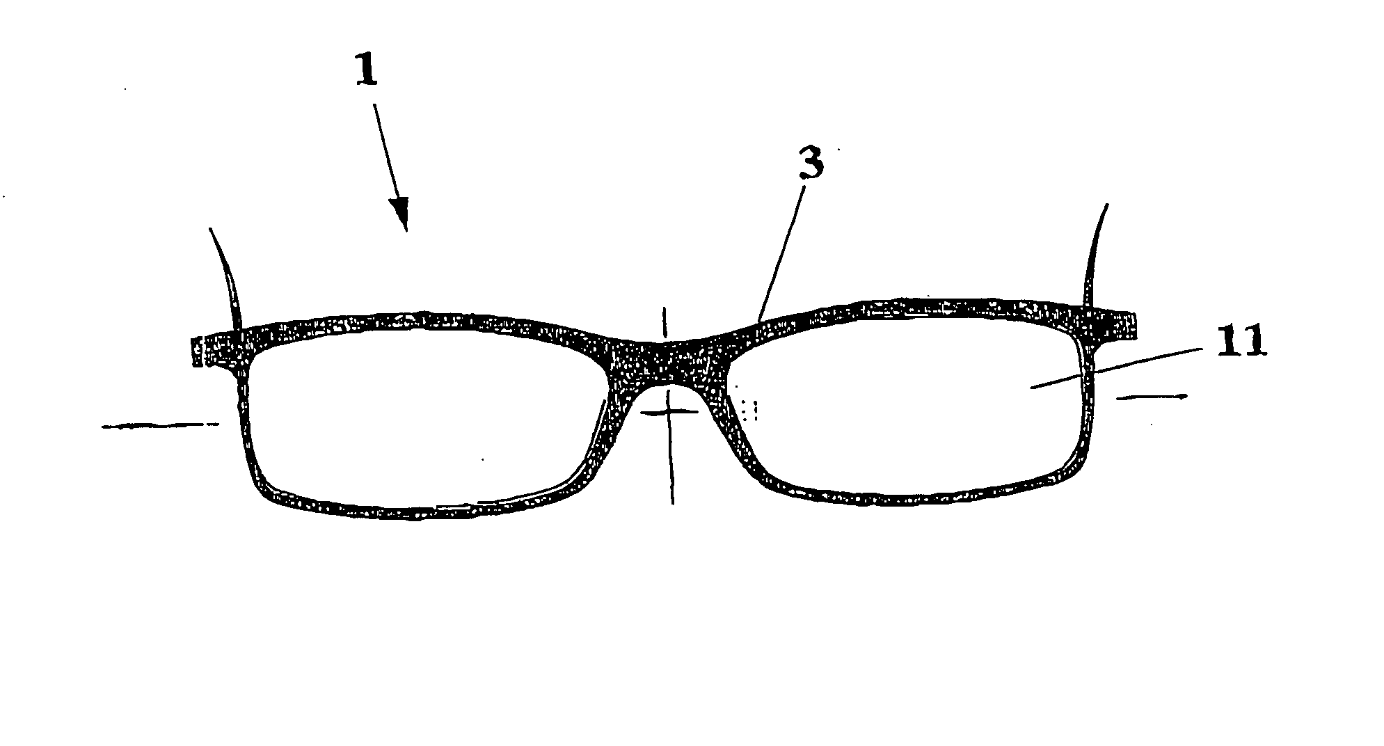 Front for full-rim glasses frame with holding band device and rapid fixing of the lenses to the frame