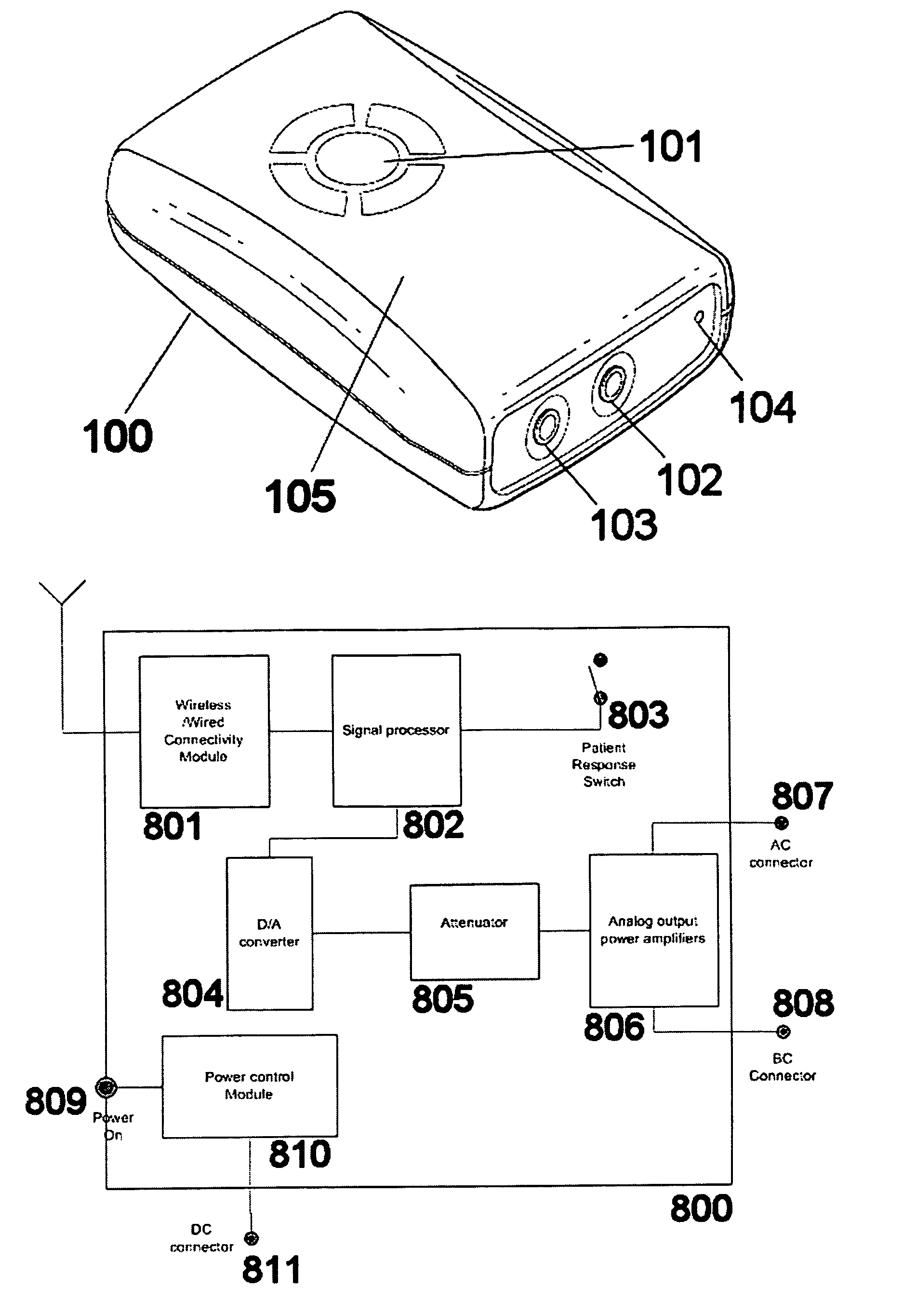 Portable audiometer enclosed within a patient response mechanism housing