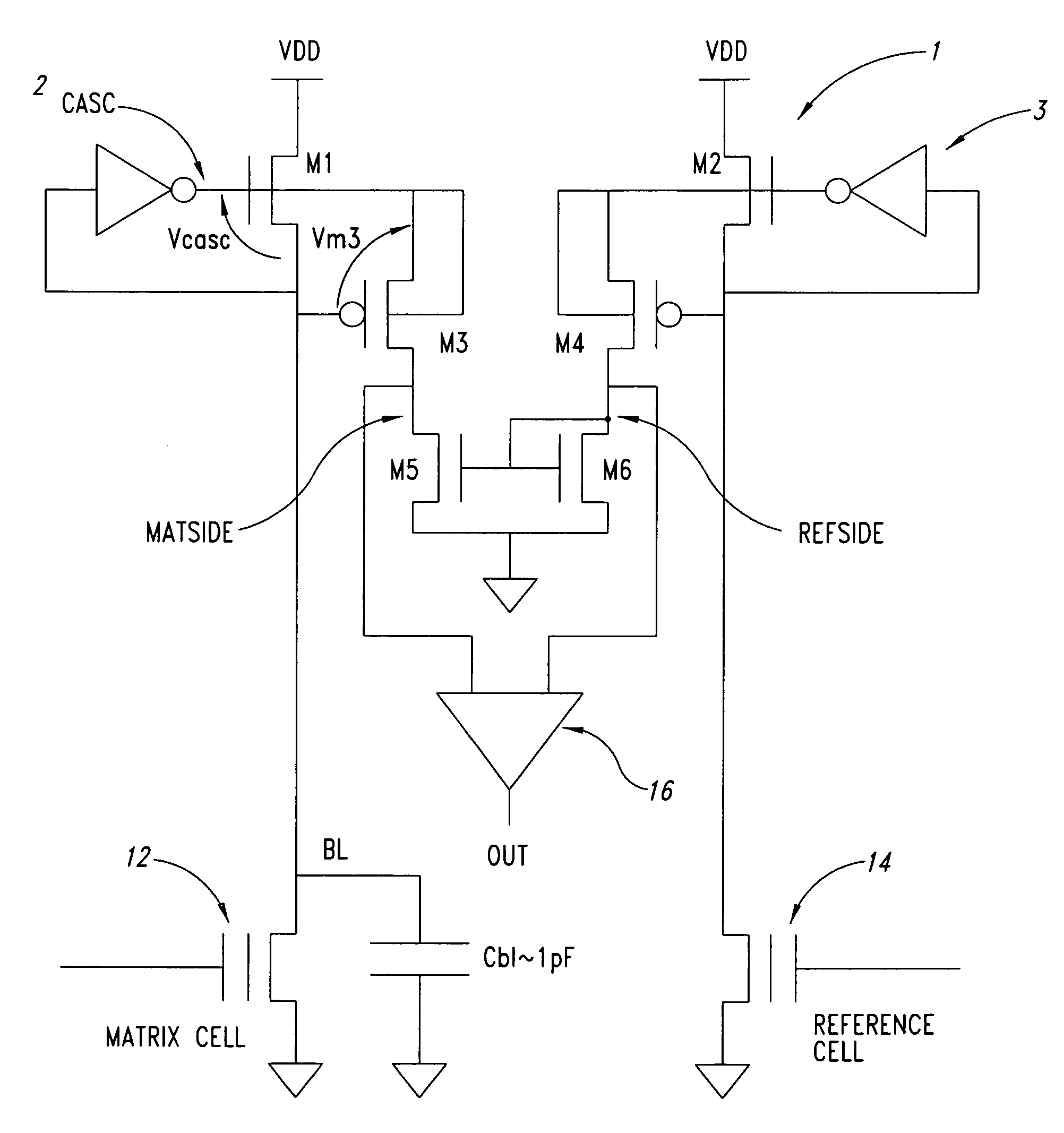 Current sense amplifier for low voltage applications with direct sensing on the bitline of a memory matrix