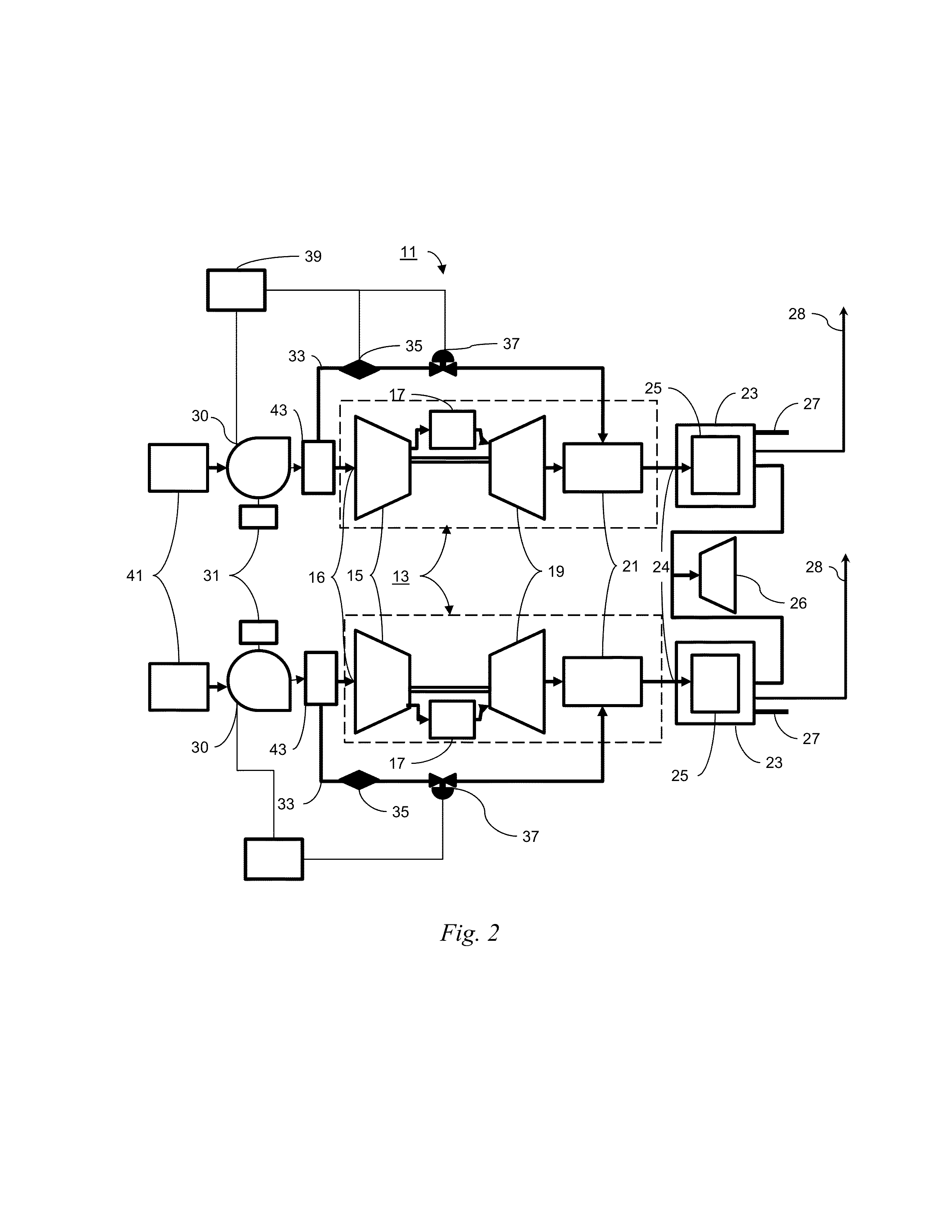 Supercharged combined cycle system with air flow bypass to hrsg and fan