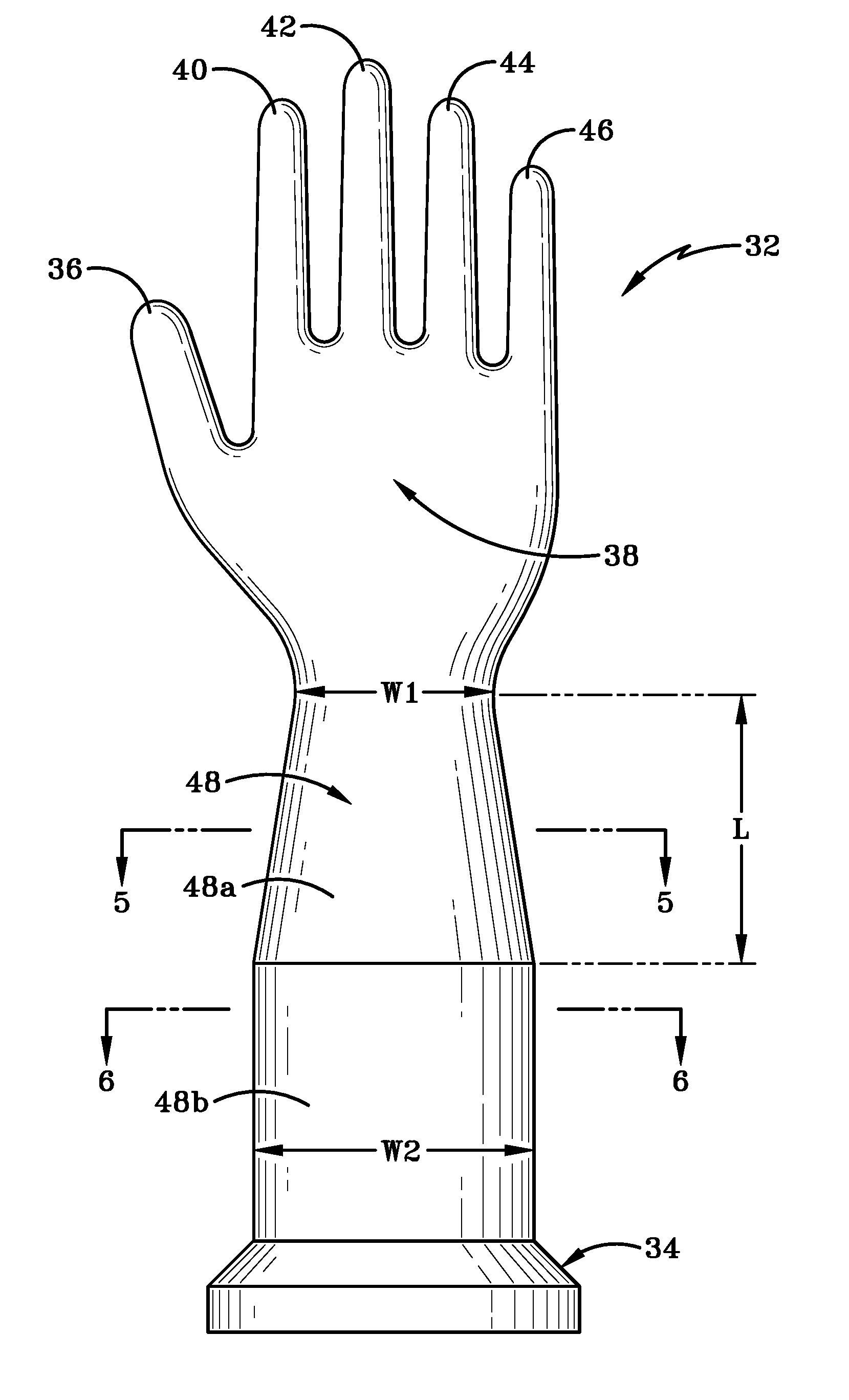 Method of fabricating a glove with a widened cuff area