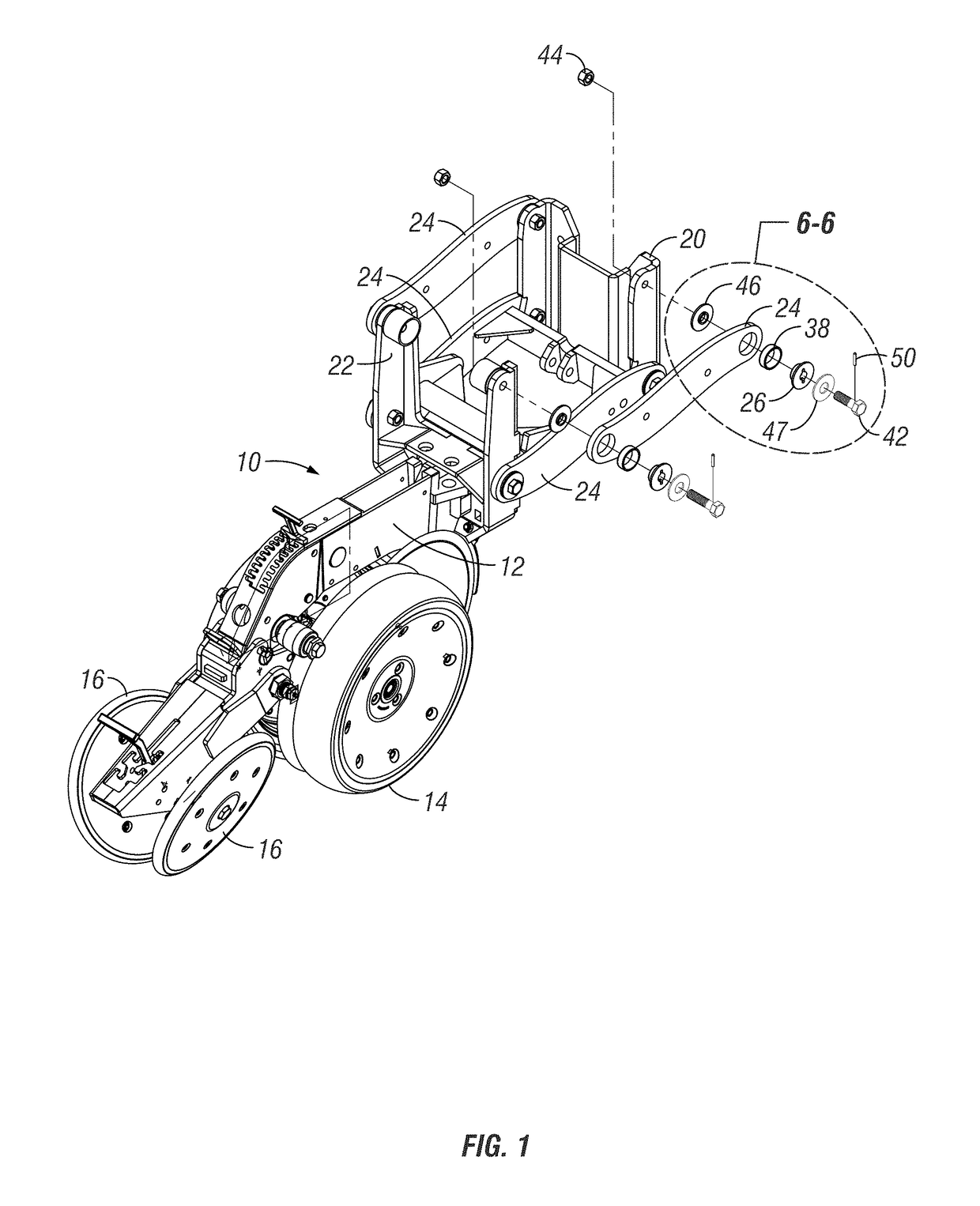 Agricultural planter having tapered bearings on row unit mounting bracket