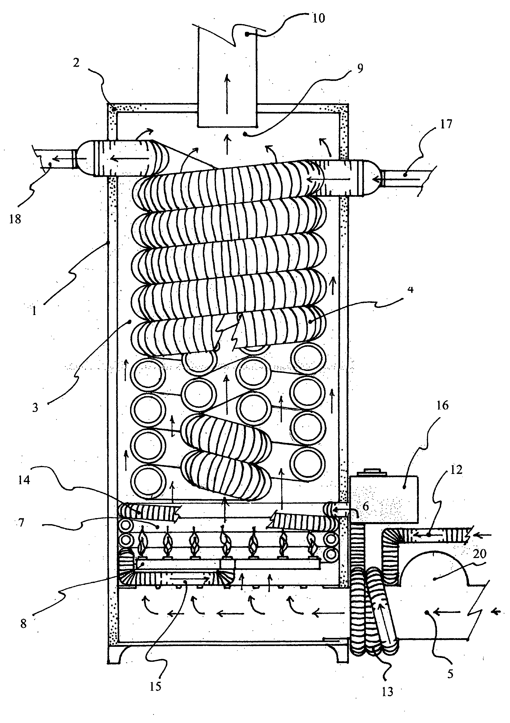 Combination of devices operational to increase the efficiency of storage tank or flow-through type waterheaters and hydronic boilers