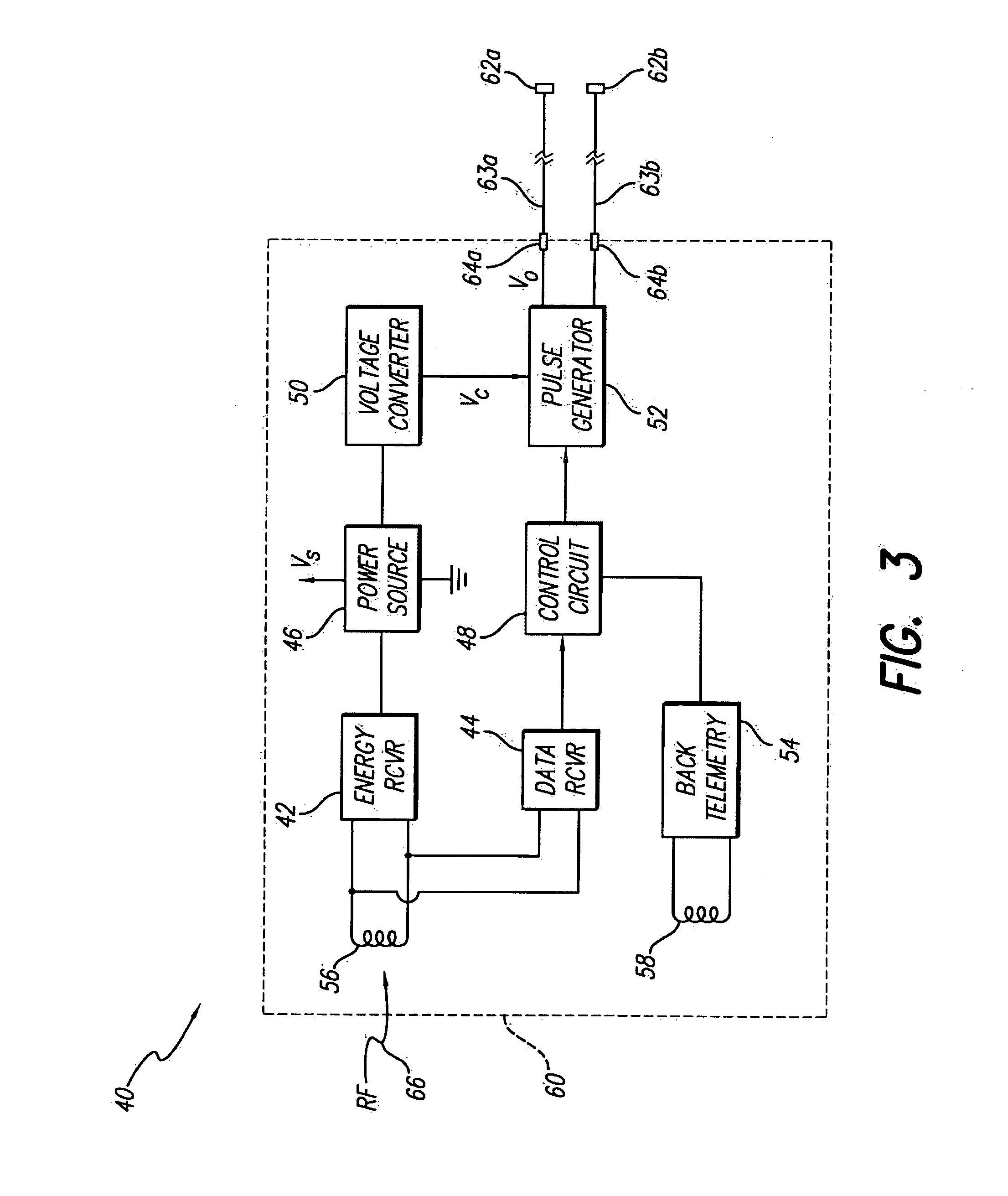 Voltage converter for implantable microstimulator using RF-powering coil