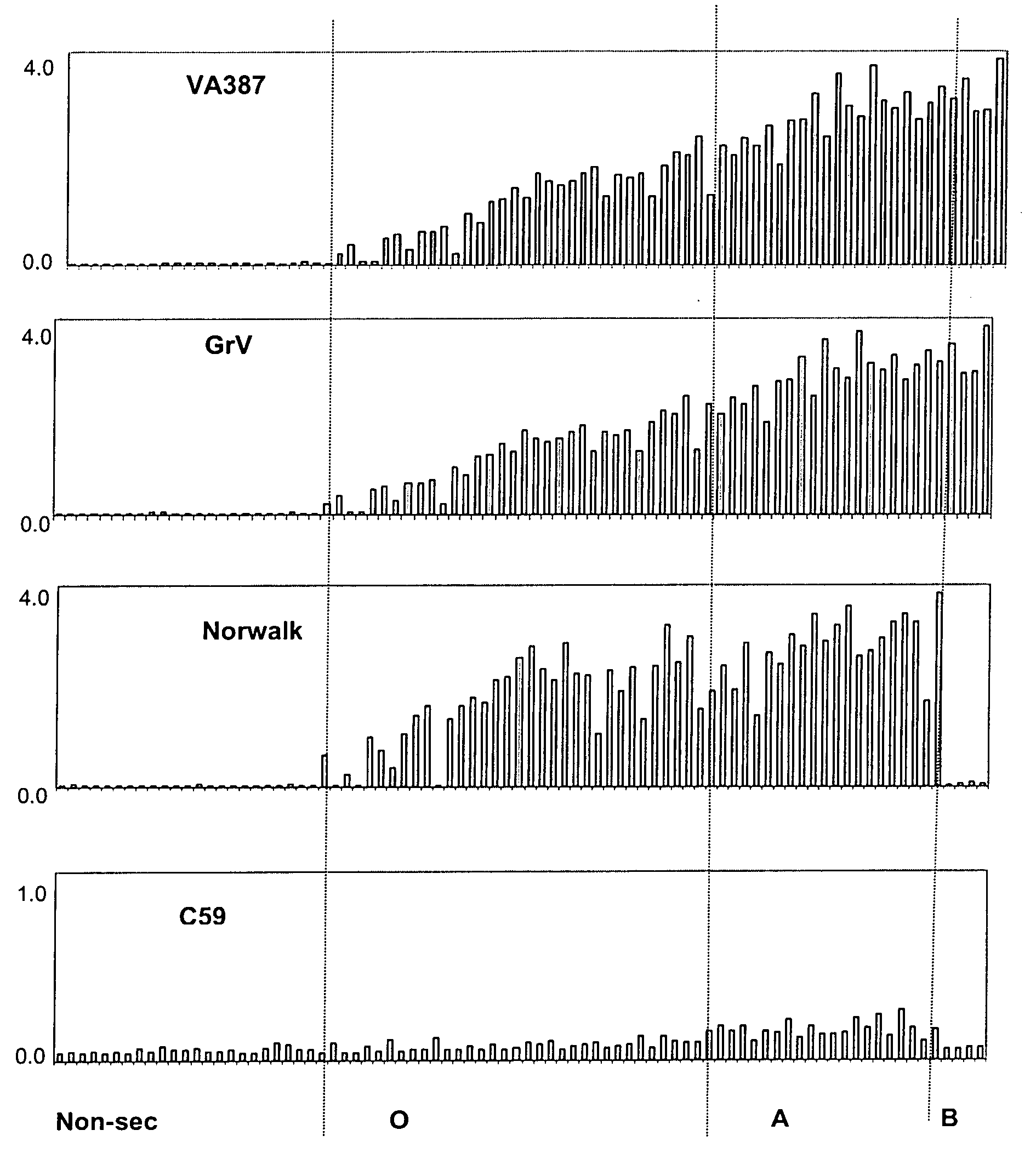 Antigenic binding patterns of norovirus to human histo-blood group antigens