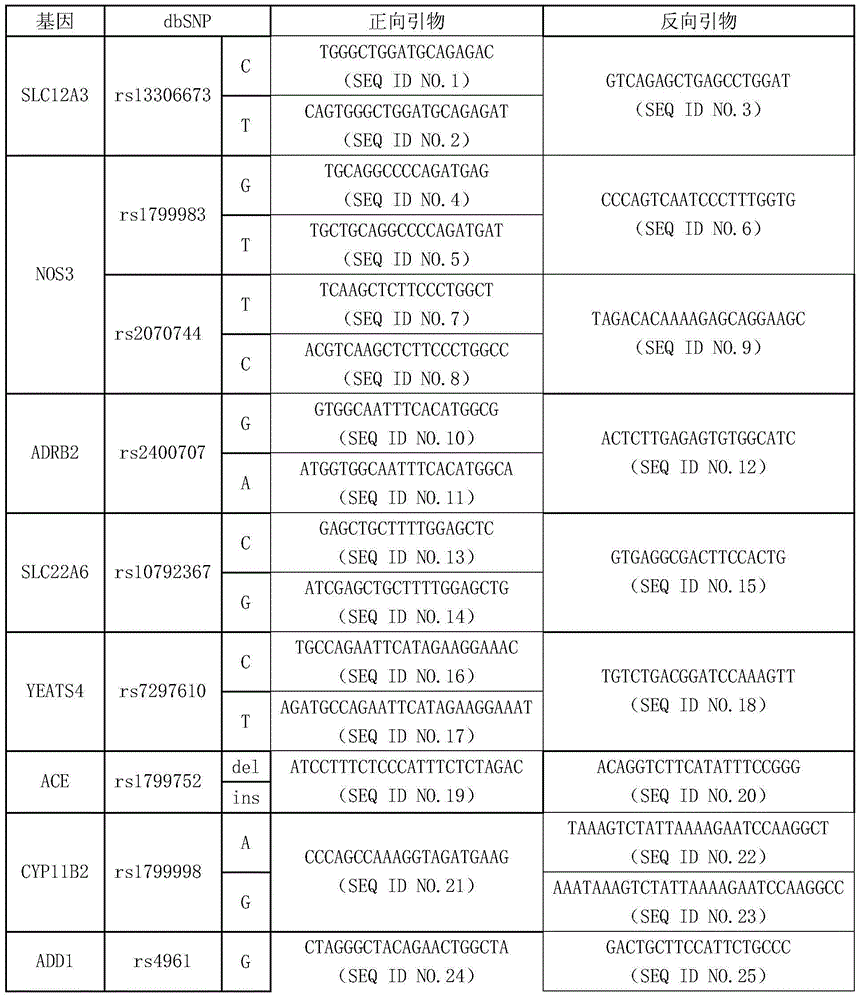 Primer composition and multiple-gene detection kit for guiding administration of thiazine diuresis drugs and application method thereof