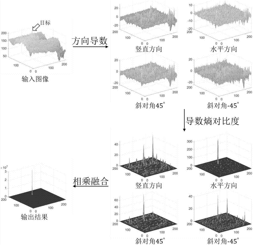 Infrared dim small target detection method of constructing entropy contrast ratios by utilizing directional derivatives