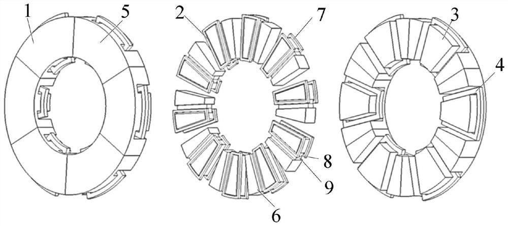 A rotor permanent magnet dual stator axial magnetic field hybrid permanent magnet flux switching motor