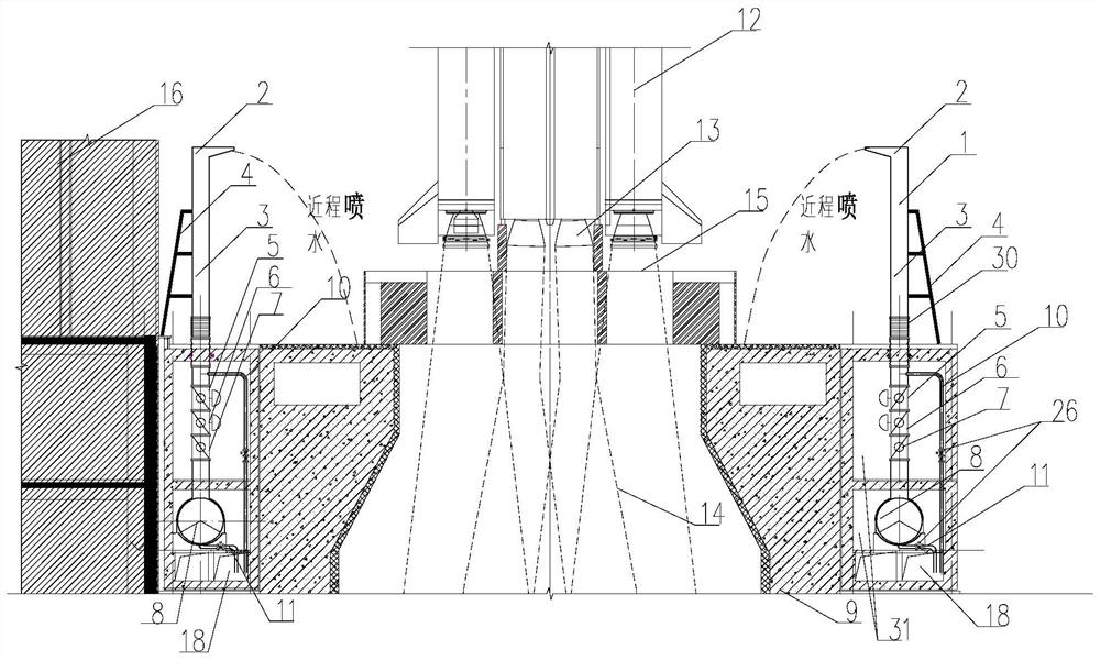 High-position automatic water spraying noise reduction system following rocket exhaust plume