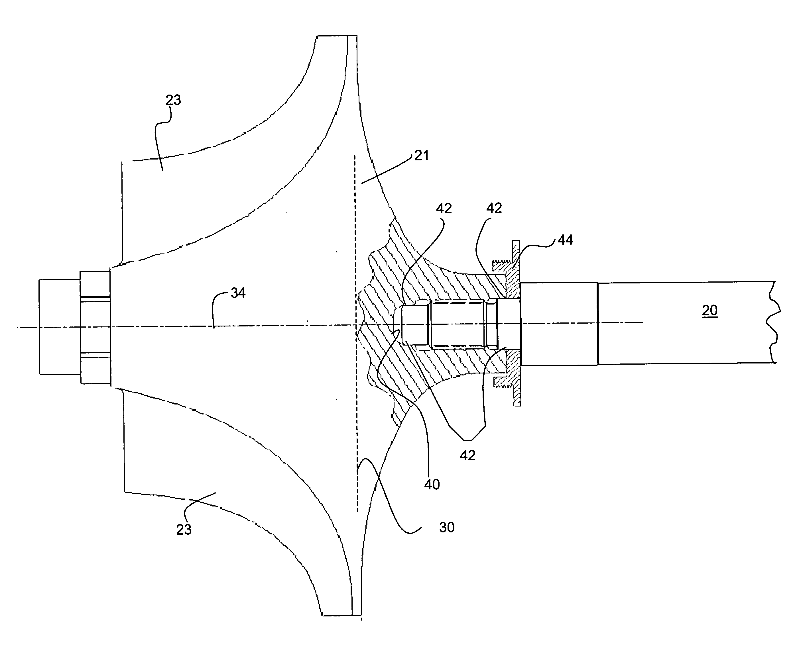 Turbocharger compressor wheel having a counterbore treated for enhanced endurance to stress-induced fatigue and configurable to provide a compact axial length