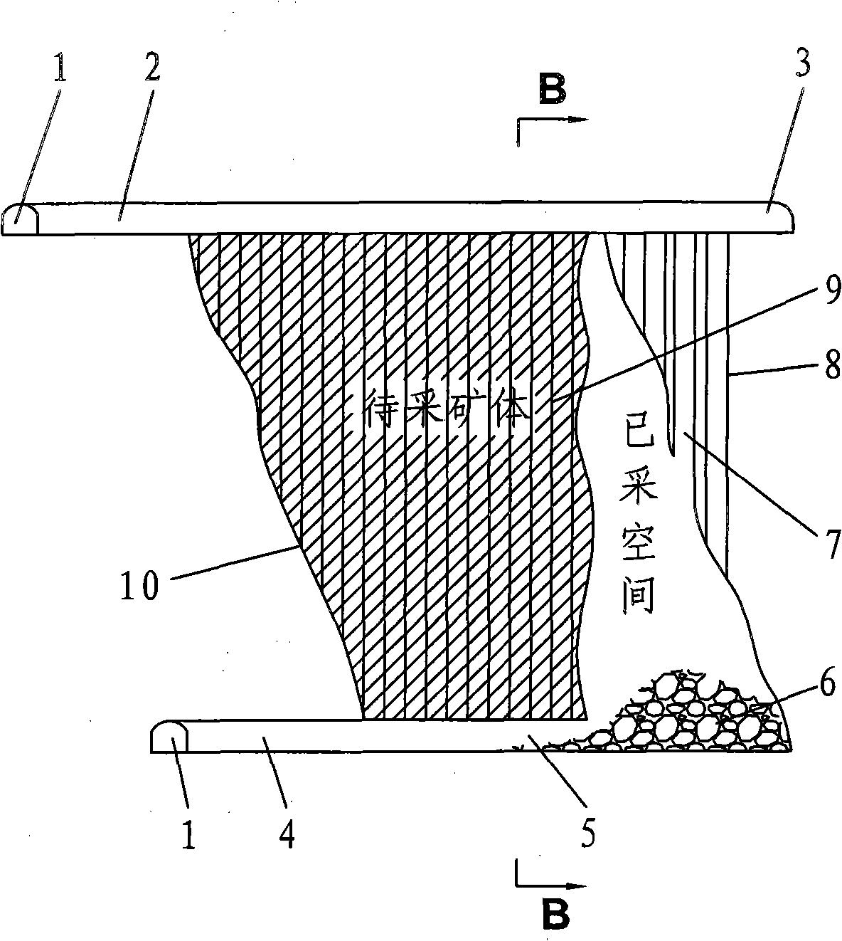 Non-bottom pillar deep hole falling-back type mining method