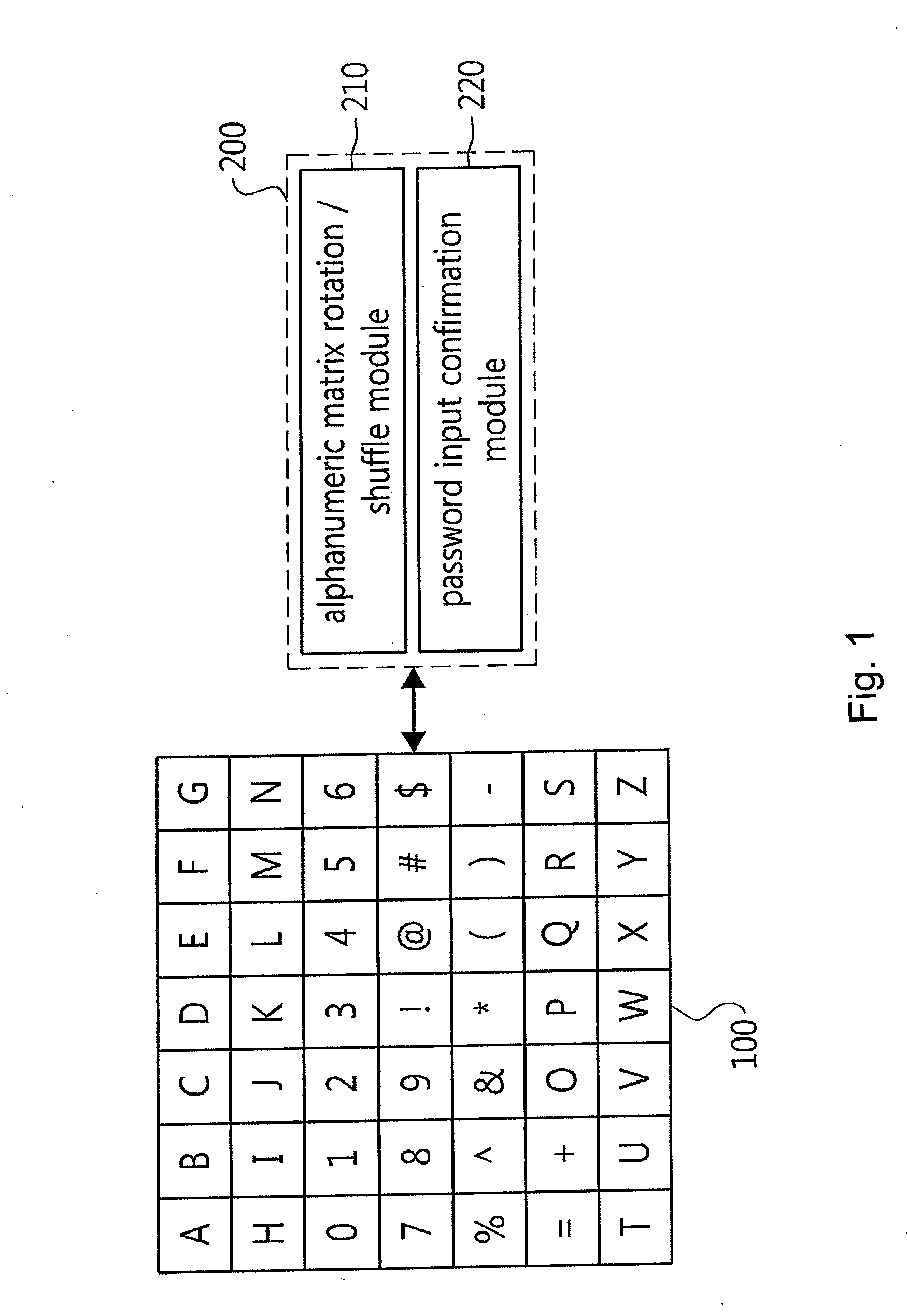 Password input system using an alphanumeric matrix and password input method using the same