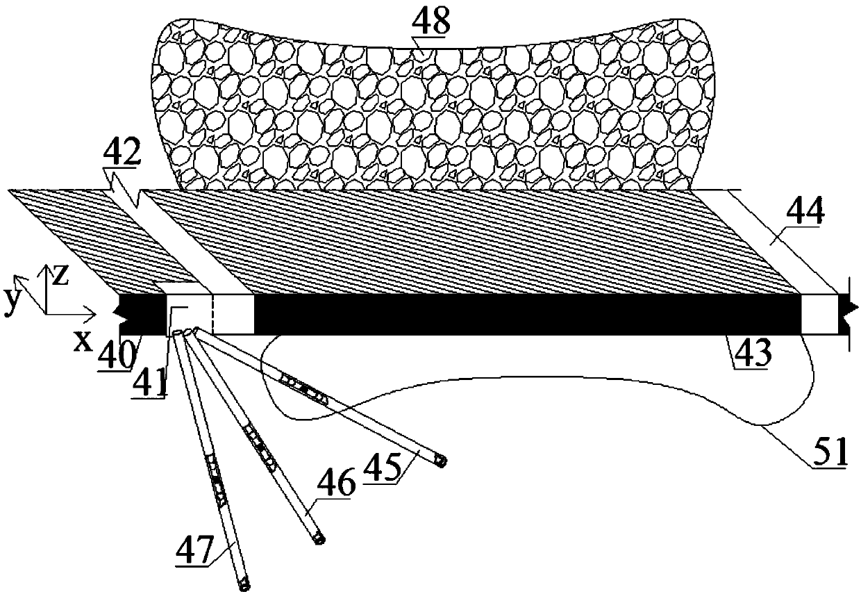 A detection system and method for monitoring the development of floor cracks in gob-free entry retaining without coal pillars