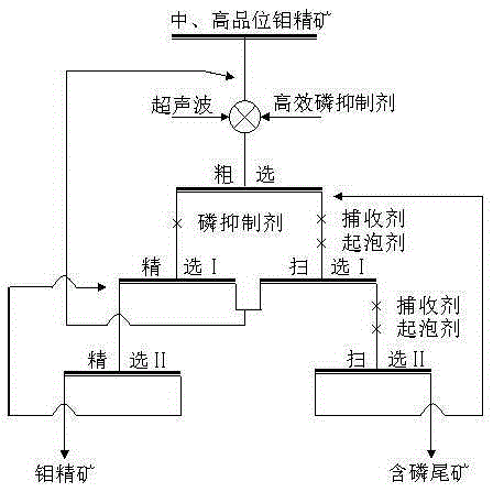 Beneficiation method for producing low-phosphorous molybdenum concentrate by utilizing ultrasonic waves