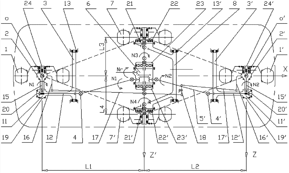 Rhomboid wheel-arranged cross-shaped axle 4WD (4 wheel drive) mechanism