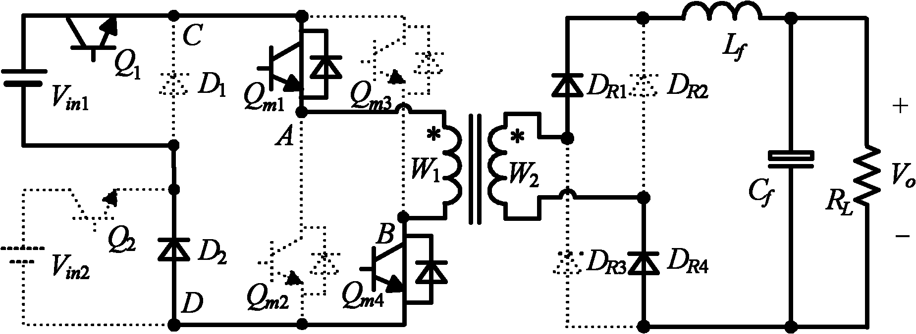 Single-primary winding voltage source type multi-input full-bridge converter