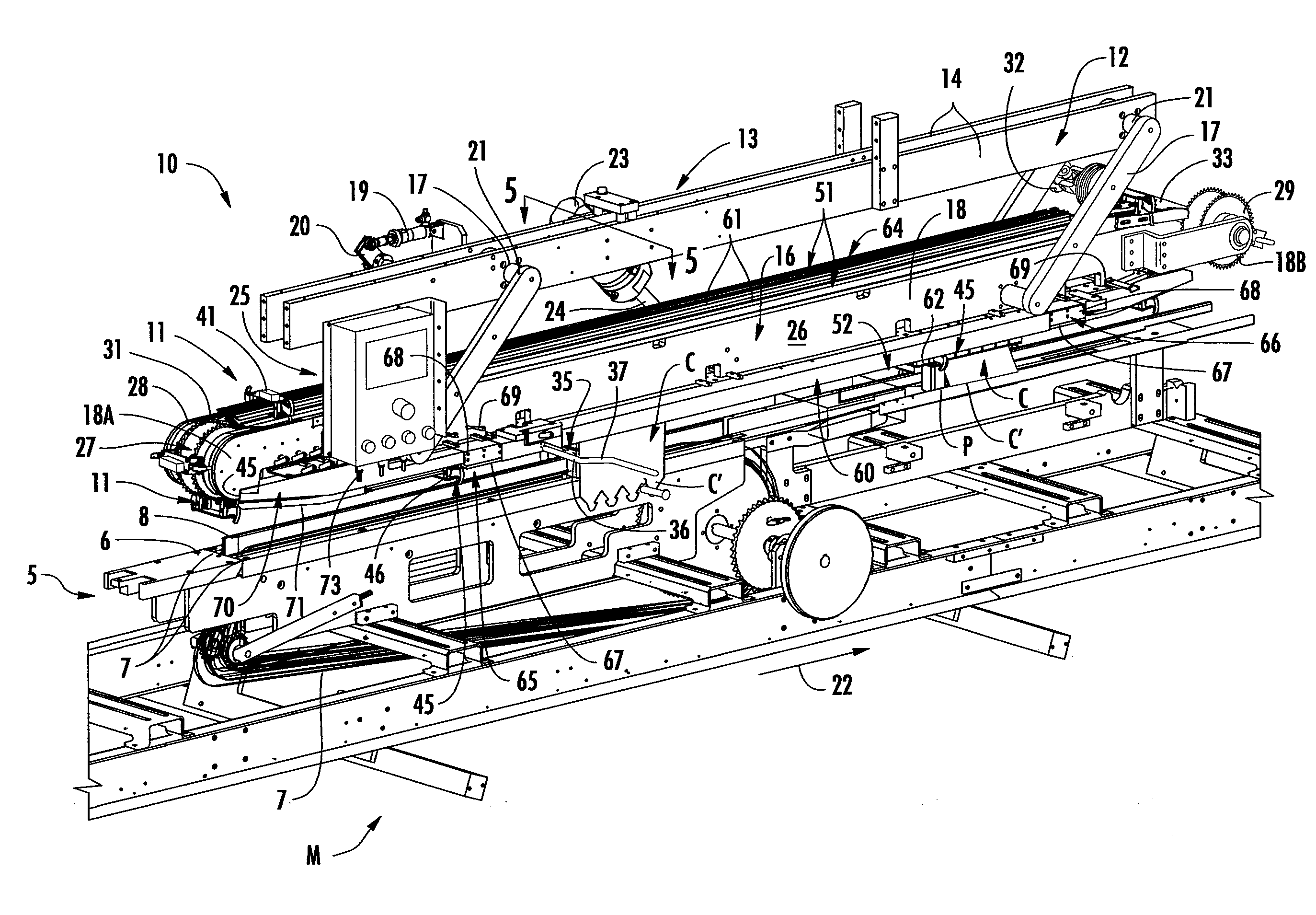 Overhead packaging machine with articulating lugs