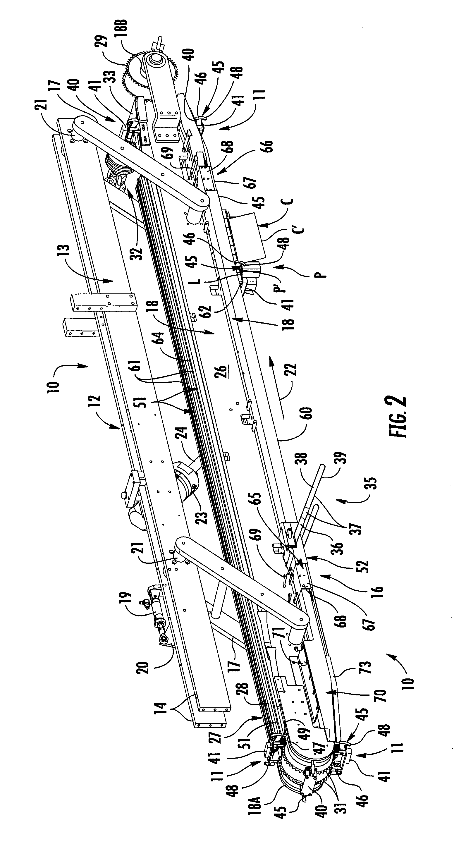 Overhead packaging machine with articulating lugs