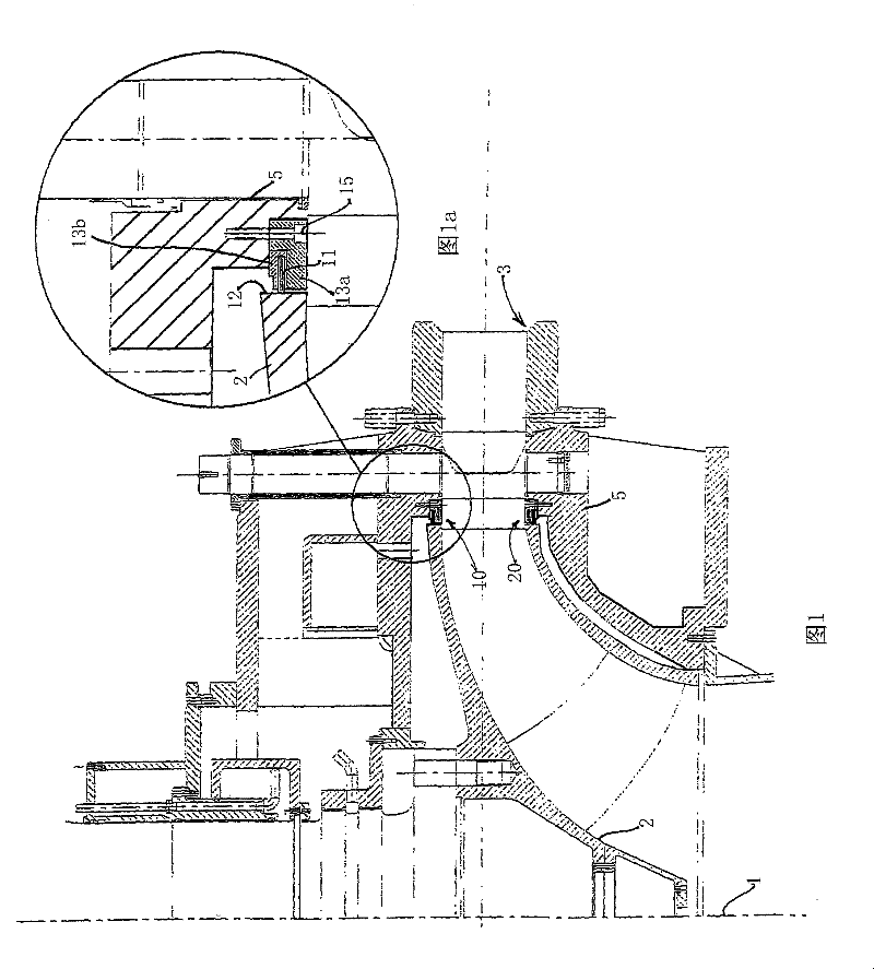 Sealing means between rotor and housing in a water turbine